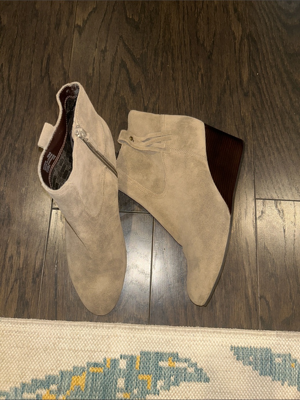 Cole Haan Beige Suede Ankle Booties with Stacked Wedge